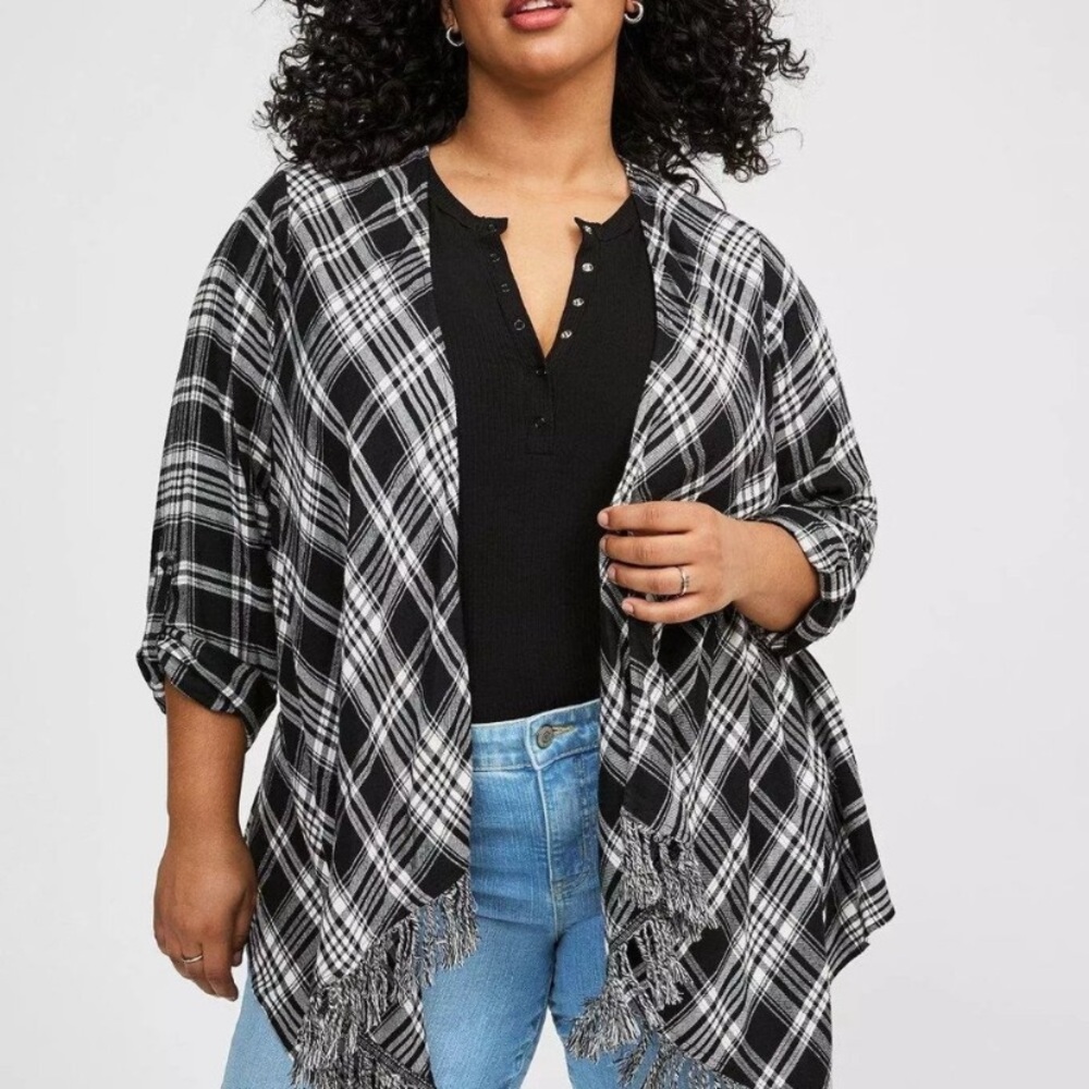 Torrid Monochrome Plaid Cardigan with Fringe